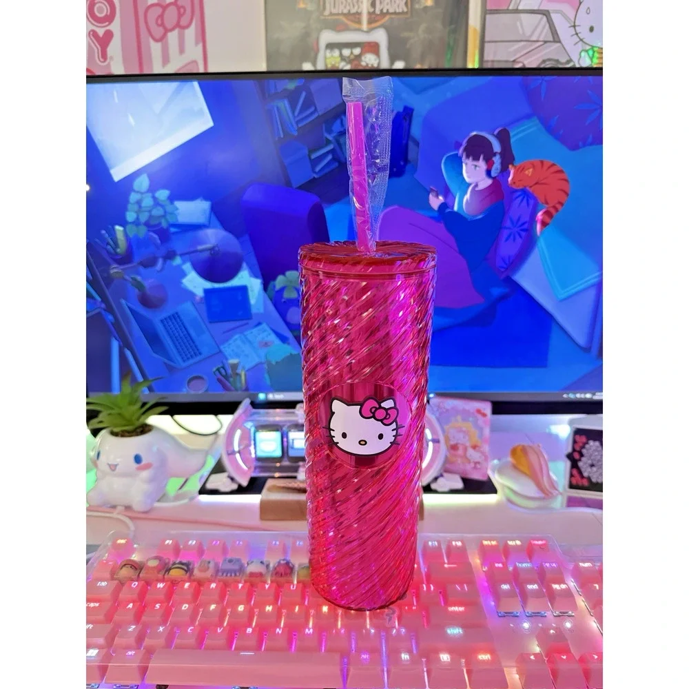 Hello Kitty Swirl Tumbler Lid Straw Shiny Metallic Spiral Plastic Pink Sanrio